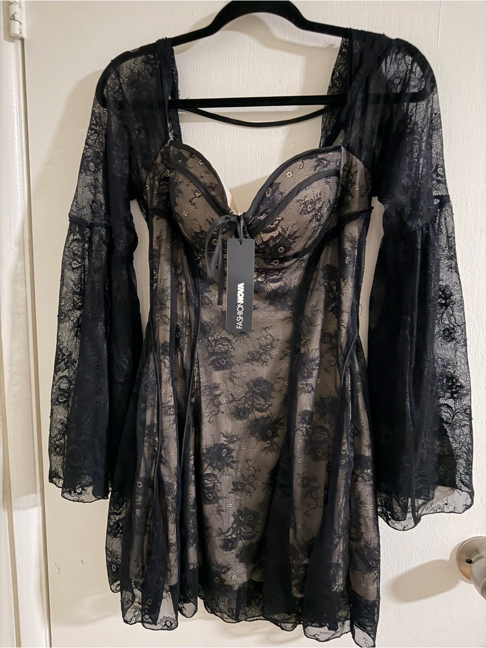 Fashion Nova Black Lace Sheer Babydoll Chemise with Nude Underlay
